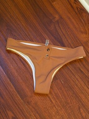 Zaful Brown Ribbed Bikini Bottom with Button Detail